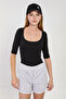 Women's Deep Neckline Short Sleeve Bodysuit - Black - 2