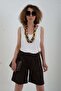 Dark Brown Belted Shorts with Elastic Waist at the Back - 4