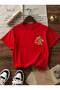 Red Oversize Cotton T-Shirt with Turtle and Flower Print, Relaxed Fit, Unisex - 3