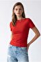 2158 Women's Lycra Bird Eye Detailed Boat Neck Blouse Red - 2