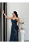 Navy Blue Polka Dot Ruffled Slit Strapless Evening Dress - 2