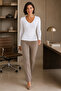 White Stretch Fabric V-Neck Long Sleeve Slim Fit Blouse 2200 - 8