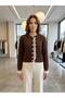 Women's Lace Detailed Seasonal Knitted Cardigan Coffee Color