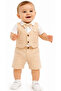Baby Boy Beige Color Plaid Patterned Vest Model with Bow Tie and Shorts Set - 3