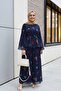 Spanish Sleeve Lined Belted Floral Patterned Skirt Chiffon Suit - Navy Blue - 4