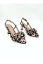Beige Cream Leopard Fabric Patterned Thin Heeled Slingback Bow Detailed Pointed Toe Women's Stiletto Shoes Vdz02021 - 7