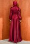 Burgundy Front Gathered Stoned Janjan Evening Dress - 5
