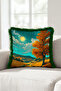 Landscape Autumn Moonlight Artistic Fringed Pillowcase-Turquoise Mustard Gray Tassel Throw Pillow Cover - 3