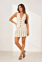 Women's Ecru Premium Quality Suit-Looking Vest Pleated Mini Dress with Buttons - 3
