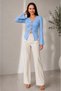 Women's Elegant Flower-Shaped Metal Button Detail Bluz with Gathered Detail