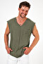 V-Neck Dirty Cut Detailed Pocketed Zero Sleeve T-Shirt Comfortable Cut