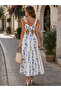 Romantic Summer Dress! Women's Strappy Square Neck Bow Detailed Patterned Long Single Jersey Dress - 4