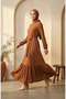 Bubble Fabric Necklace Detailed Belted Hijab Dress 0575-08 Tan - 2