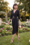 Women's Black Double-Breasted Collared Belted Midi Event Dress - 5