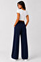 Women's Pearl Belted Palazzo Oversize Wide Cut Flowy Lycra Pants with Belt - 4