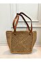 Handmade Wicker Shoulder Bag with Brown Leather Handles, Handmade Look, Large Beach and Casual Women's Bag - 2