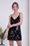 Women's Sequin Mini Dress with Straps V-Neck after Party Stylish Red, Ecru, Black - 4