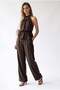 2203 Women's Halter Neckline Elastic Waist Palazzo Top and Bottom Set Brown - 2