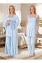 New Season Blue Lace Detailed Buttoned Design Wide Straps 100% Cotton Maternity Pajama Set 3-Piece Set - 8