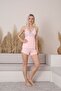 Women's Pink Special Ornate Lace Design Strap Robe 3-Piece Pajama Set Dowry Set - 3