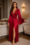 Burgundy Satin Lace Robe and Nightgown 2-Piece Women's Nightgown Set - 3