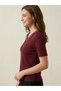 Luxury Gold Series |   Luxury V-Neck Contrast White Piping Detailed Italian Ribbed Women's T-Shirt - Burgundy - 2