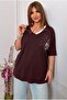 Women's Plus Size Short Sleeve V-Neck Piping Detailed Stone Printed Blouse 2053-26 - 3