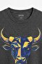 Geometric Bull Yellow Navy Blue Bull Low Poly Animal Unisex Regular Fit Anthracite Melange T-Shirt - 2