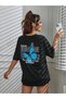Women's Black Butterfly Printed Oversize T-Shirt - 4