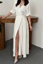 Women's Ecru Double-Breasted Collar Belted Balloon Sleeve Slit Muslin Maxi Dress - 3