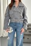 Women's Gray Short Biker Coat with Eyelet Texture, Zipper and Belted Collar - 4