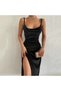 Women's strap neck Slit velvet midi dress - 2