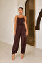 Women's Thin Strap Gathered Detailed Blouse and Ankle-Tie Pants Two-Piece Set - Brown - 2