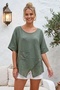 Khaki Pool Collar Short Sleeve Pocketed Embroidered Casual Cotton Asymmetrical Woven Blouse 70 65