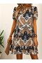 Women's Short Sleeve V-Neck Patterned Short Single Jersey Dress - 3