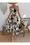 Women's Rope Strap V-Neck Long Patterned Single Jersey Dress with Belt at the Waist - 3