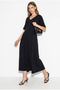 Women's Black V-Neck Back Tie Detailed Pocketed Short Sleeve Long Dress 60286445 - 2