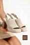 Beige Suede Genuine Leather Platform Heeled Sandals Perforated Thick Strap Summer Shoes Dadya - 3