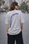 Women's Gray T-Shirt Oversize Round Neck Front and Back Lettering Printed Short Sleeve Single Jersey - 2