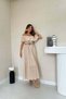 Women's Beige Off-The-Shoulder Brode Maxi Dress with Flounce Collar and Flared Cut in Cotton