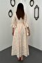 Women's Beige Brode Embroidered Square Neck Balloon Sleeve Belted Lined Long Flared Dress - 5