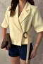 Women's Yellow Short Sleeve Buckle Belted Jacket Lapel Lined Woven Jacket - 4