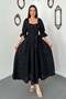 Women's Black Brode Embroidered Square Neck Balloon Sleeve Belted Lined Long Flared Dress