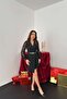 Women's Black Belted Lace Sleeve Jacket Collar Asymmetrical Mini Dress - 2
