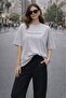 Women's Gray T-Shirt Oversize Round Neck Front and Back Lettering Printed Short Sleeve Single Jersey