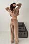Women's Beige Top and Bottom Set Thin Velvet Hooded Zippered Lace-Up Wide-Leg Pants Set - 5
