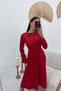 Women's Red Long Satin Dress with Crew Neck and Ruffle Detail, Long Sleeves