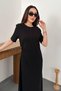 Women's Black Crew Neck Short Sleeve Pleated Long A-Line Cotton Dress - 3
