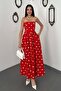 Women's Red Strapless Polka Dot Pleated Pocketed Lined Long Flared Dress