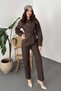 Women's Brown Denim Jumpsuit Shirt Collar Belted Buttoned Long Sleeve Straight Leg